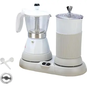 Espresso Maker with Milk Frother Electric Moka Pot 2-in-1 Espress Machine Aluminium One-Touch Operation Milk Froth Fine and Dense White 110V