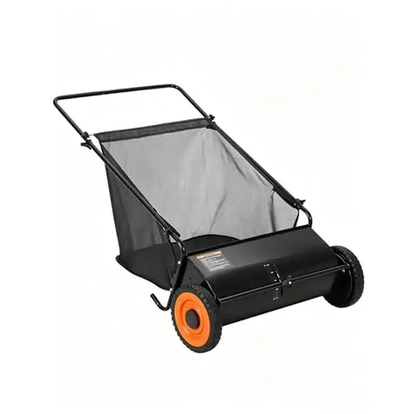 26" Width Push Lawn Sweeper - 4 Spinning Brushes, 7 Cu.ft Hopper, Adjustable Height, Thickened Collecting Bag, Manual Height Control Knob, Brushes+Hopper Design, Dry Leaves Collector, Metal/Plastic Build, Flat Surfaces Use
