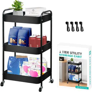 3 Tier Rolling Cart, Metal Utility Cart with 4 Hooks, Rolling Storage Cart on Wheels, Small Organizer Cart for , Kitchen, Living Room, Bathroom, Black