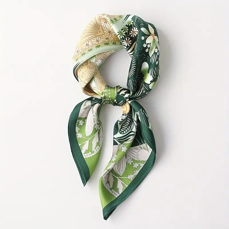 Women's Bohemian square screen-printed handkerchief/headband. Silk scarf, green floral silk scarf, elegant headscarf and neck scarf—versatile accessory for everyday wear and special occasions; stylish and suitable for all face shapes.
