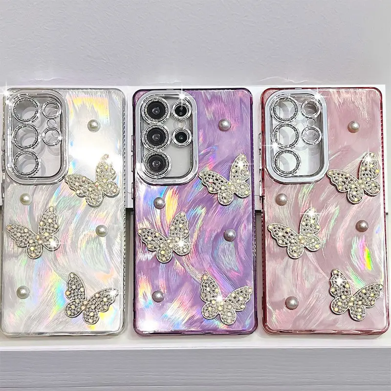 Luxury Bling Butterfly Laser Case For Samsung A17 S24 FE S25 Plus S23 Ultra A15 A25 A55 A16 A36 A56 A54 5G Cover Cellphone Casing