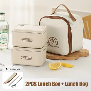 2PCS Stainless Steel Lunch Box Set with Insulated Bag 600mL Microwave Safe EasyClean Leak-proof Lid Bento Includes Spoon & Chopsticks for Everyday Use