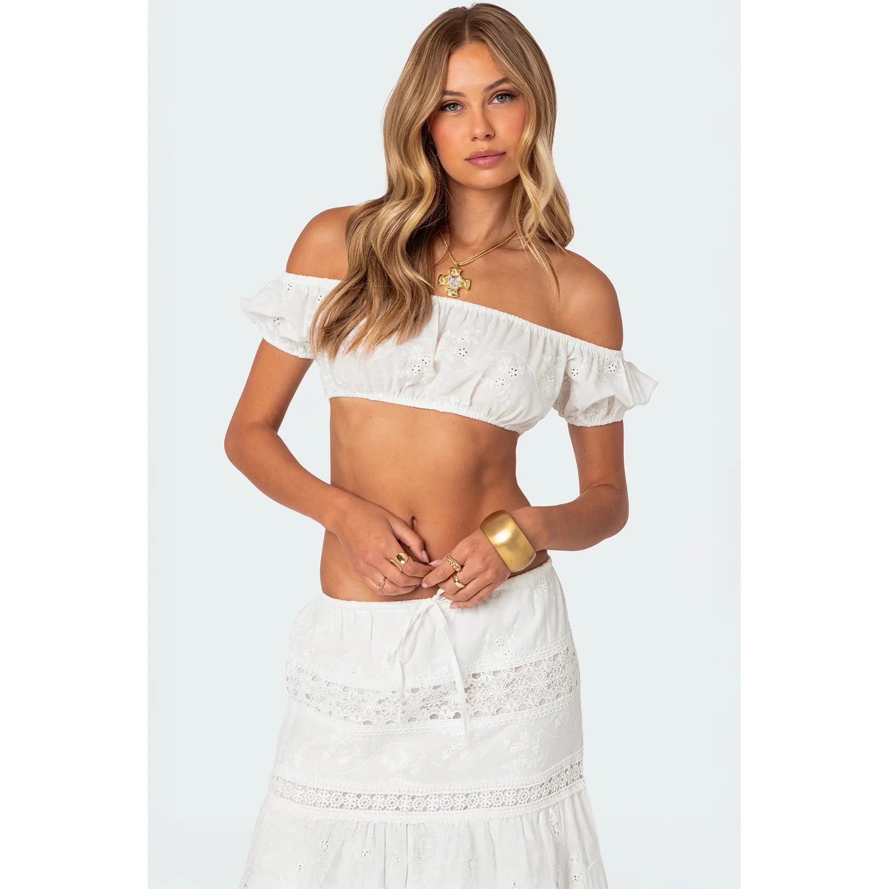 Skye Off Shoulder Eyelet Crop Top