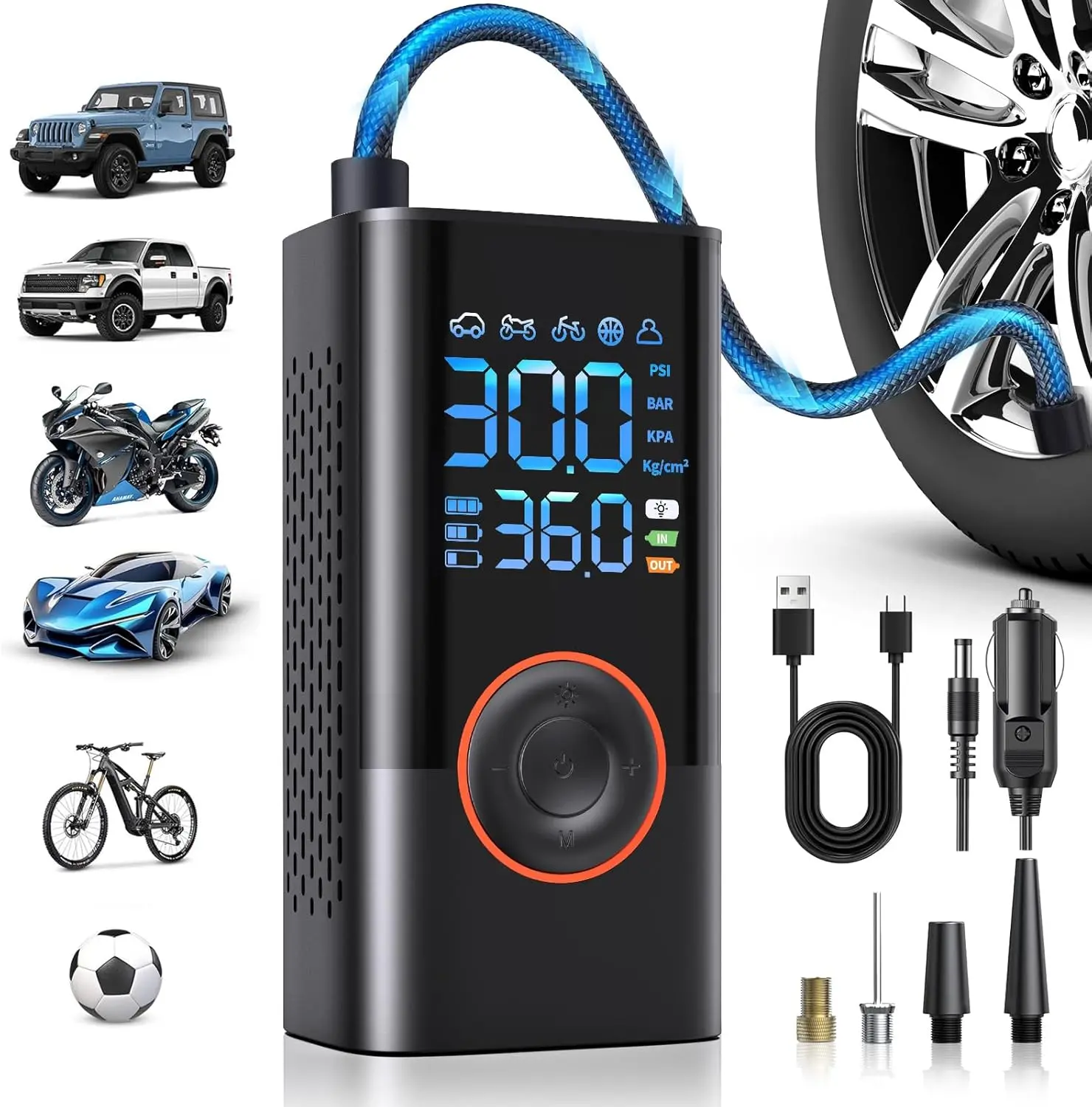 【DealsForYouDays】Tire Inflator Portable Air Compressor - Air Pump For Car Tires with Digital Pressure Gauge, LED Light and Auto Shut-Off Function - Cordless Pump for Car, Motorcycle, Bicycle, Ball(FCC/CE)