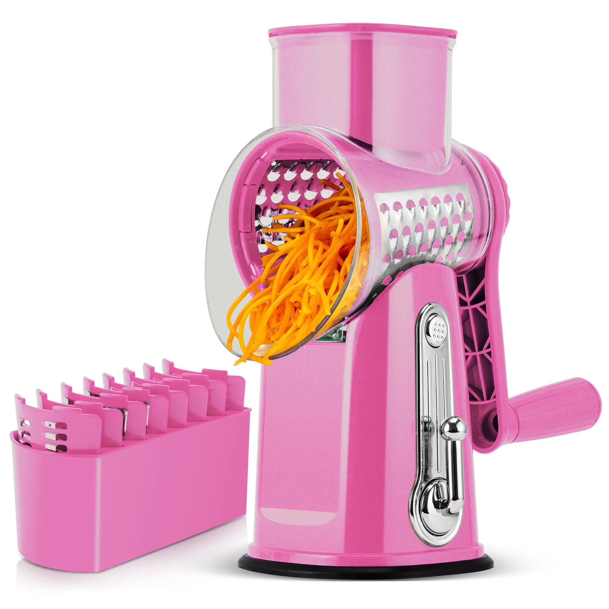 SUSTEAS 18/10 Stainless Steel Veggie Chopper - 5 Replaceable Blades, Powerful Suction Cup Base, BPA-Free Manual Cheese Shredder, Smooth Rotary Grater, French Fry Cutter Kitchen Utensils Gadget (Pink)