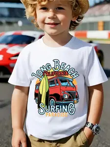 Vintage Colorblock Long Beach Surf Bus Boys' T-Shirt, Surf Bus Surfboard, Surfing Paradise Slogan, Trendy Kids Tee
