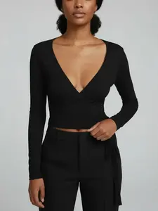 Women's Spring Summer Knitted Plain Elastic Soft Front Tie V Neck Bodycon Fit Long Sleeve Short Tight T-Shirt, Casual Fashion All Seasons Top, Basic, Knitwear, Womenswear