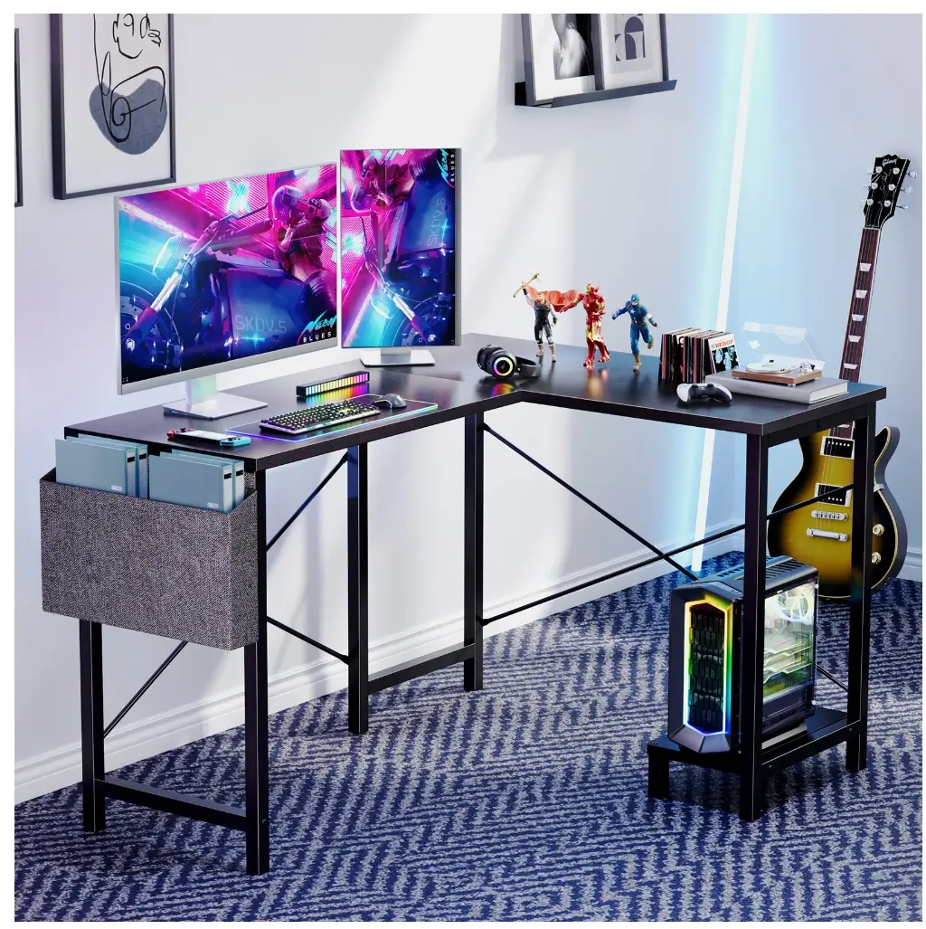 L Shaped Computer Desk with Wooden Desktop CPU Stand Side Bag Reversible, Black