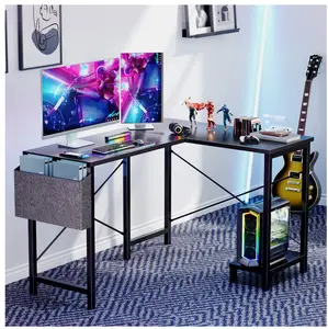 L Shaped Computer Desk with Wooden Desktop CPU Stand Side Bag Reversible, Black
