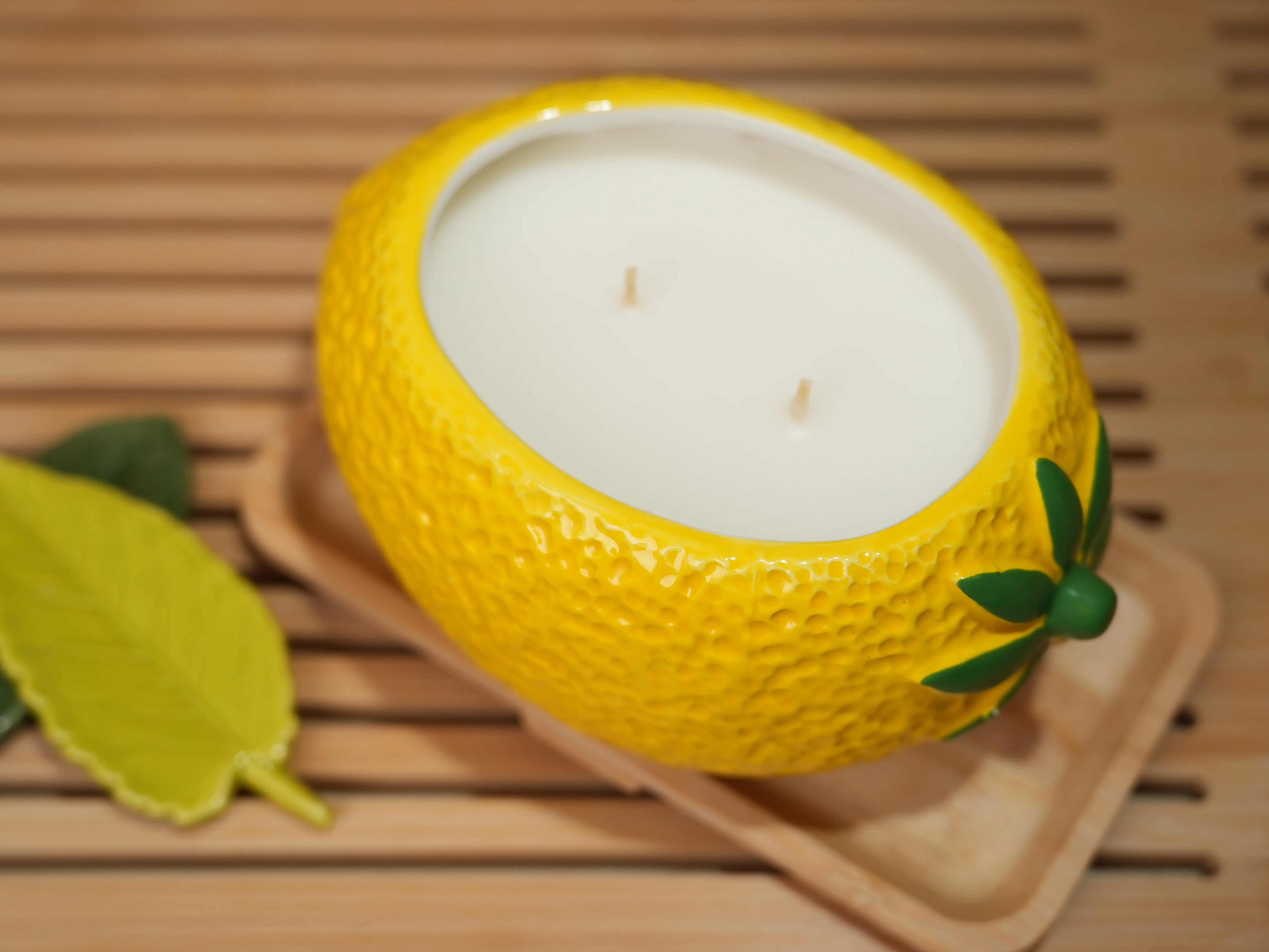 Lemon Decorative Candle 6.38in Ceramic Lemon Shaped Double Wick 16.5oz Hand Poured Scented Wax for Kitchen Counters & Outdoor Areas