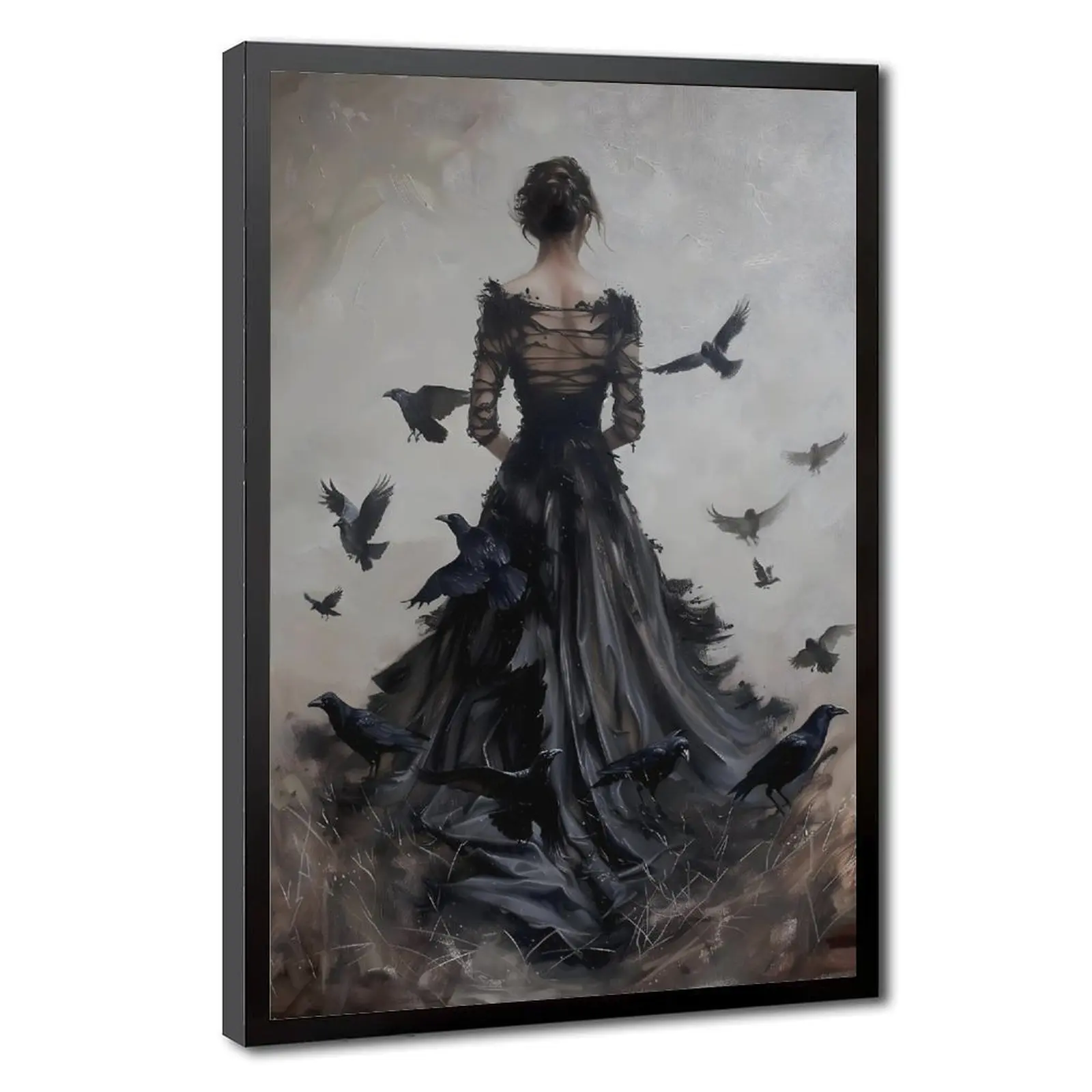 Lady of the Crows Dark Gothic Art Print - Framable Wood Black Frame Wall Art, Supernatural Aesthetic Witchcraft Aesthetic Dark Academia Universal Victorian Bedroom Decor