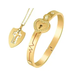 Titanium Steel Heart Lock Bracelet & Key Necklace Set Romantic Couples Jewelry for Birthday Anniversary Valentine's Day Gifts