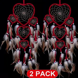 2PCS Dream Catcher with Feathers, Heart Shaped Dream Catcher Indians Traditional Love Net Wall Hanging Bedroom Home Car Decor (Red)