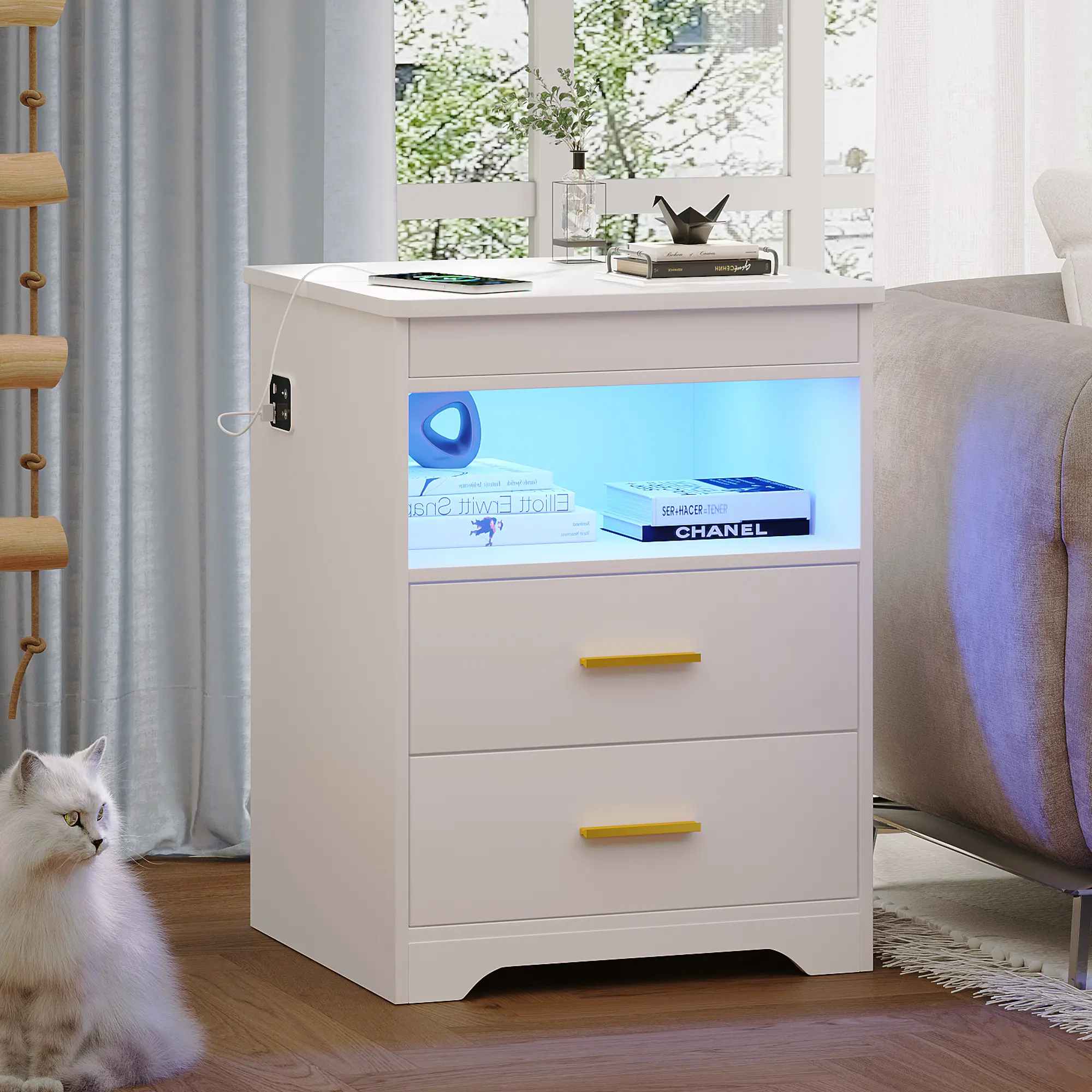 Lvifur LED Nightstand with Gun Drawer & Multi-Drawers, Modern Bedroom Beside Table with Charging Station & Charging Ports, Auto-Sensor 3-Color Dimmable End Table with Hidden Compartment (Self-Assembly)