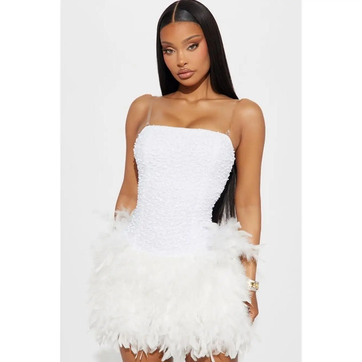 Women's Zoey Sequin & Feather Trim Straight Neck Mini Dress - Imported Chic Spandex Stretch Going Out Party Cocktail Dress with Back Zip