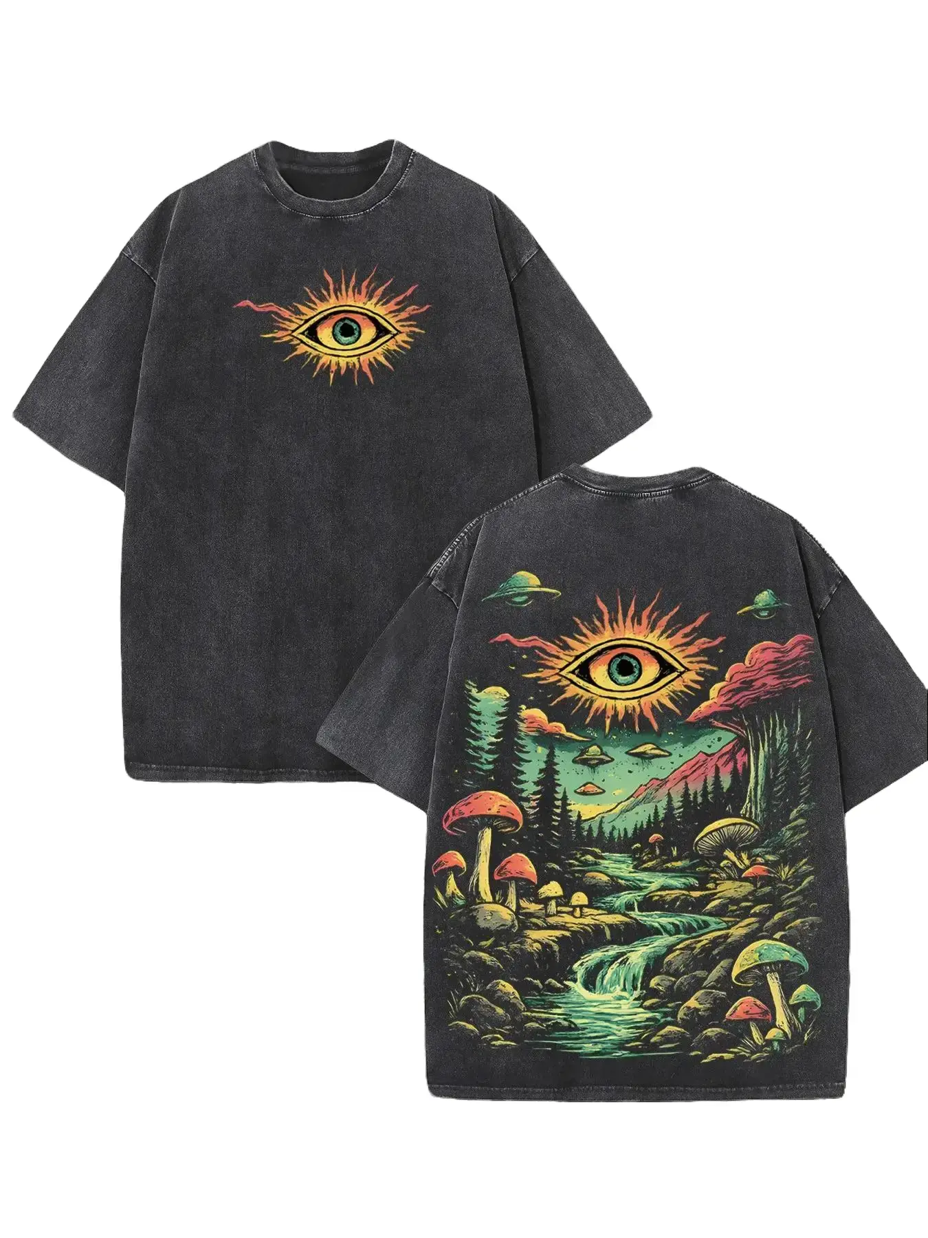 Vintage Acid Wash Graphic T-Shirt 100% Heavyweight Cotton Psychedelic Mushroom UFO Eye Print Oversized Unisex Tee Alt Indie Streetwear Plus Size Up to 5XL Festival Outfit Retro Trippy Clothing Men Women Daily Wear Weirdcore Grunge Top 2026 Trendy Hot