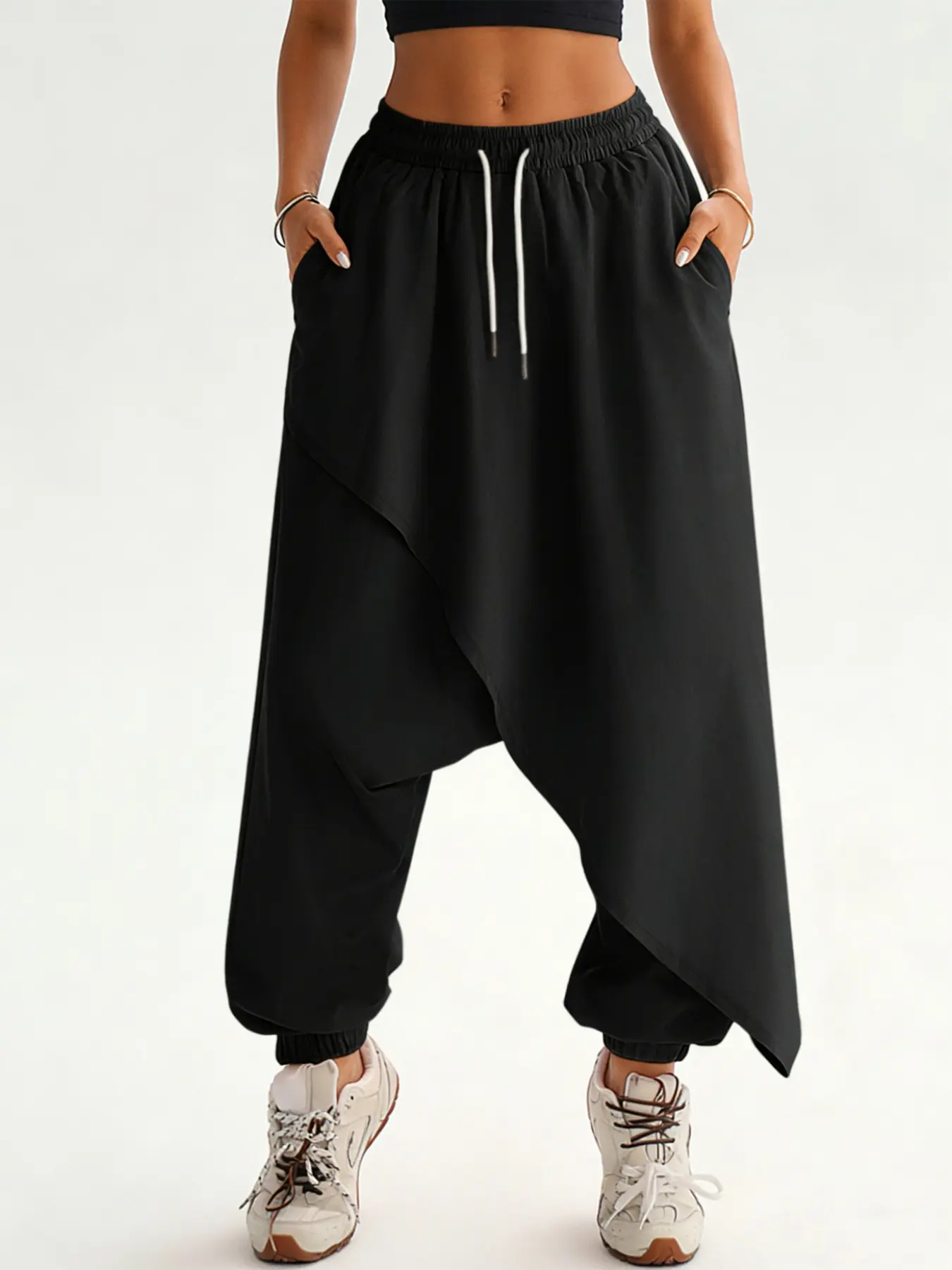 Women's Elastic Drawstring Sporty Hip-Hop Vintage Loose-Fitting Harem Bottom Pants with Pockets, Drawstring Sports Pants, Outdoor Streetwear Running Dance Hiking Commuting Casual Long Pants Elastic Waist Bottoms, Athleisure Style Bottoms, Sporty Trousers