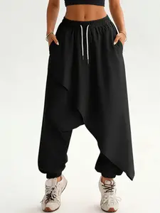 Women's Elastic Drawstring Sporty Hip-Hop Vintage Loose-Fitting Harem Bottom Pants with Pockets, Outdoor Streetwear Running Dance Hiking Commuting Casual Long Pants