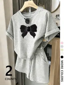 Tiktok Bow Pattern Two-Piece Set Outfit, Y2K Style Loose T-Shirt & Shorts, Soft Comfortable Fabric, Fashionable Casual for Lunch, Picnic, Daily Wear