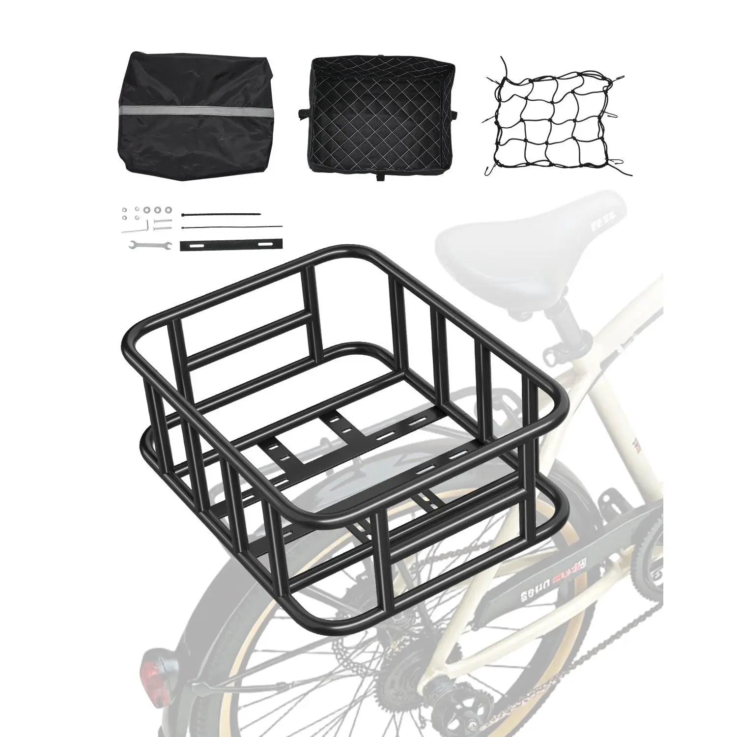 【Summerfinds】 VEVOR Rear Bike Basket, Medium Bicycle Basket with Cargo Net, Liner Waterproof Cover, Heavy Duty Bike Back Basket for Adult Women/Men Carrying Dogs, Pets, Fruit Grocery, Mounting Tools Includeddealsforyoudays
