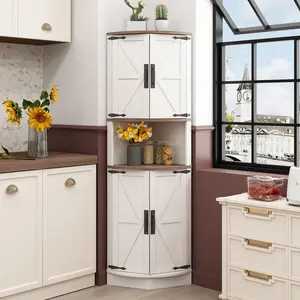 [SummerVibes] Vabches 64.8" Tall Farmhouse Corner Cupboard - 4 Doors, 5 Storage Shelves, Barn Door Design - Apartment Furniture Organizer for Living Room, Kitchen