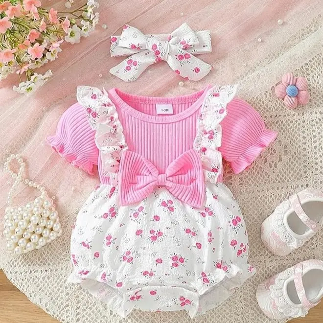 Toddler Baby Girls Summer 2Pcs Outfit, Pink Ribbed Bow Romper with Faux Suspender + Floral Print + Headband Set, Cute Infant Clothes