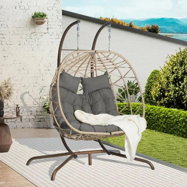 [Bellemave]Double Egg Chair with Stand Hanging Indoor Outdoor Wicker Rattan Patio Basket Egg Swing Chair Hammock Egg Chairs with UV Resistant Cushions 600 lbs for Bedroom Balcony Patio