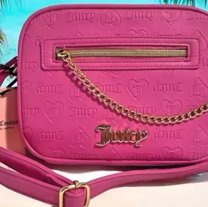 Juicy Couture Pink Embossed Crossbody Bag with Gold Chain Strap and Zipper Closure
