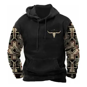 Men's Aztec Hoodie Western Sweatshirt with Pockets Menswear Stylish Tops Casual Graphic Cotton Long Pullover Polyester Outfit Medium Sleeves Tights