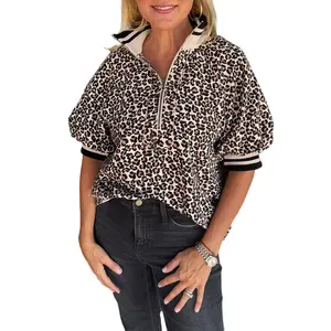 Leopard Print Half Zip Striped Trim Patchwork Regular & Plus Size Short Sleeve Top