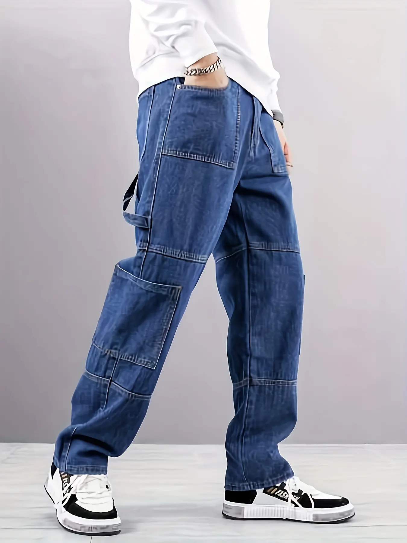 Men's Loose Straight Polyester-Rayon Fabric Trouser Jeans, New Trendy Unbridled-Wear Smooth Bottoms