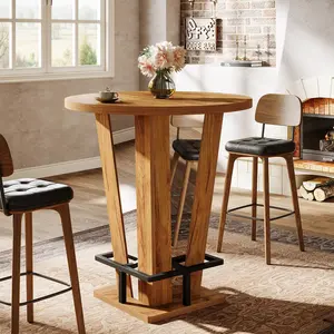LITTLE TREE Round Bar Table, 39.4" H High Top Cocktail Bistro Pub Table with Metal Footrest for Living Room, Dining Room, Small Space (Only Table)