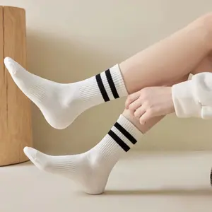 6/12pairs women's Simple Striped Crew Socks for Spring Autumn, socks with two stripes instead of one ,Breathable Sweat-Absorbent Deodorant Casual Sports Socks, Multiple Colors ,Basketball socks summer
