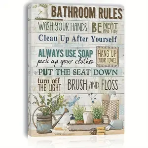 1 Piece Wooden Frame Bathroom Rules Canvas Wall Art, Rustic Farmhouse Decor, Humorous Bathroom Etiquette Print, 11.8x 15.7inch , Woven Home and Office Decor, Perfect for Living Room, Bedroom, Kitchen or Holiday Gift, Bathroom Decor, Perfect for Room