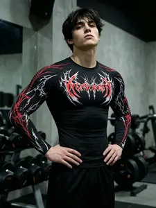 Dark Graffiti Print Compression Fitness Long Sleeve, High Stretch Quick-Dry Tight Fit, Breathable Sweat-Wicking Sportswear, Essential for Hardcore Training