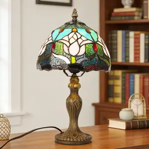 14.7 Inch Tiffany Style Tulip Stained Glass Table Lamp, Bronze Base, Warm Light for Bedroom Living Room