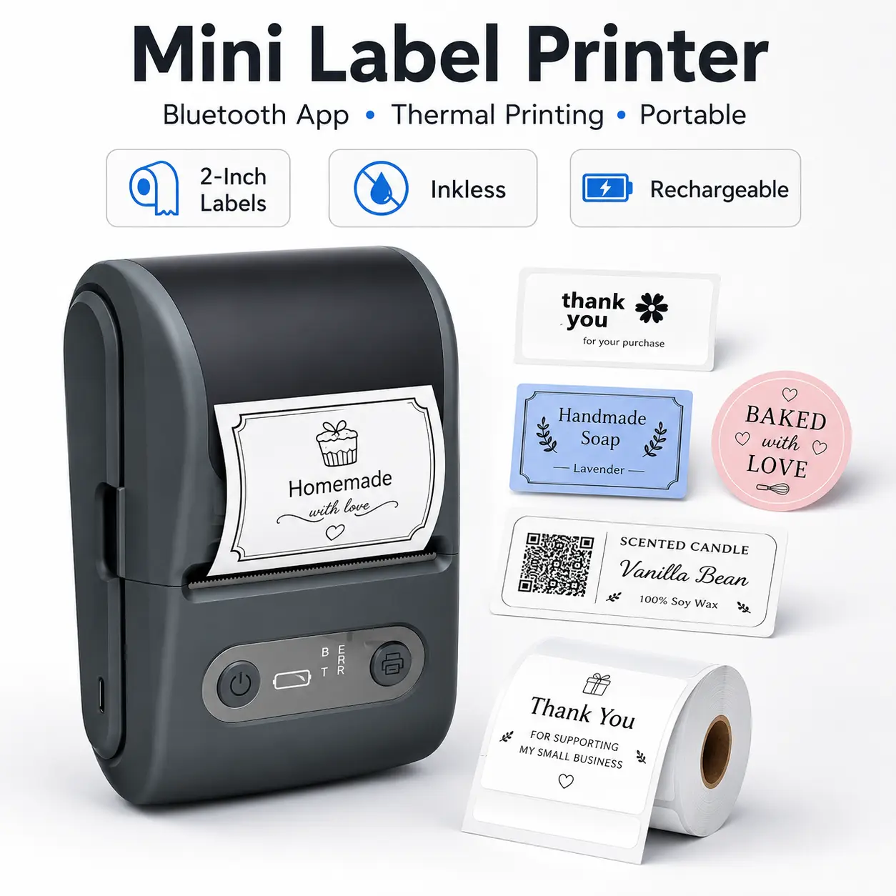 Portable Inkless Thermal Printer, Mini Bluetooth Wireless Sticker & Label Maker for Office Work, Home Organization, School Projects, DIY Crafts, Journaling, Gift Wrapping & Party Decor, Compatible with iOS Android Laptop, Compact Pocket Design