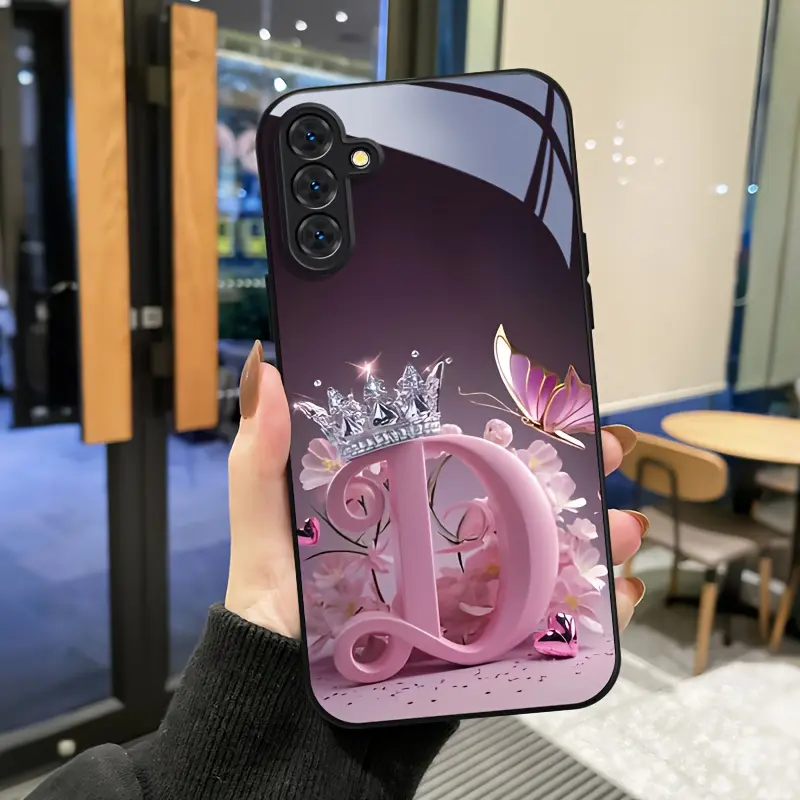 Pink letter D crystal crown butterfly cherry blossom dreamy sweet tempered glass phone case suitable for Samsung Galaxy A04 A04S A05 A05S A06 A13 A14 A15 A16 A22 A23 A24 A25 A32 A33 A34 A35 A52 A52S A53 A54 A55 5G S21 S22 S23 S24 FE Plus Ultra 5G