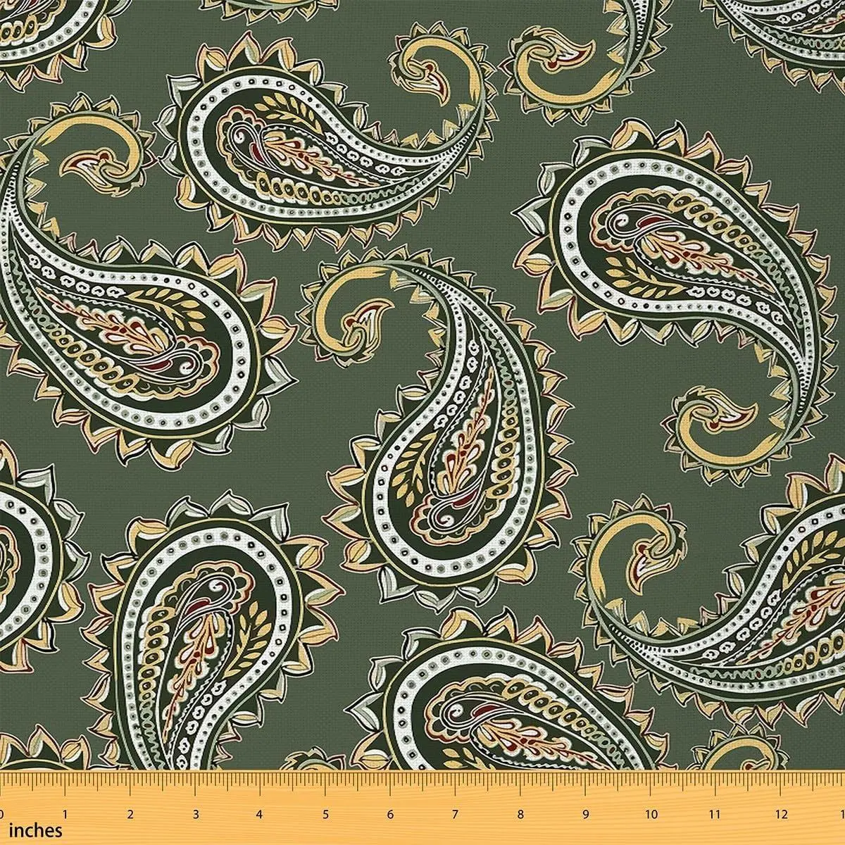 Green Paisley Fabric Indian Style Paisley No Stretch Fabrics Sewing Lovers Retro Floral Pattern Soft Flannel Polyester Fabric DIY Home Accents Pre-Cut