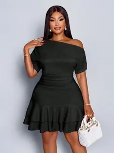 Women’s Elegant Apricot Knitted Asymmetrical Neck Mini Dress – Long Sleeve Double Ruffle Party Dress