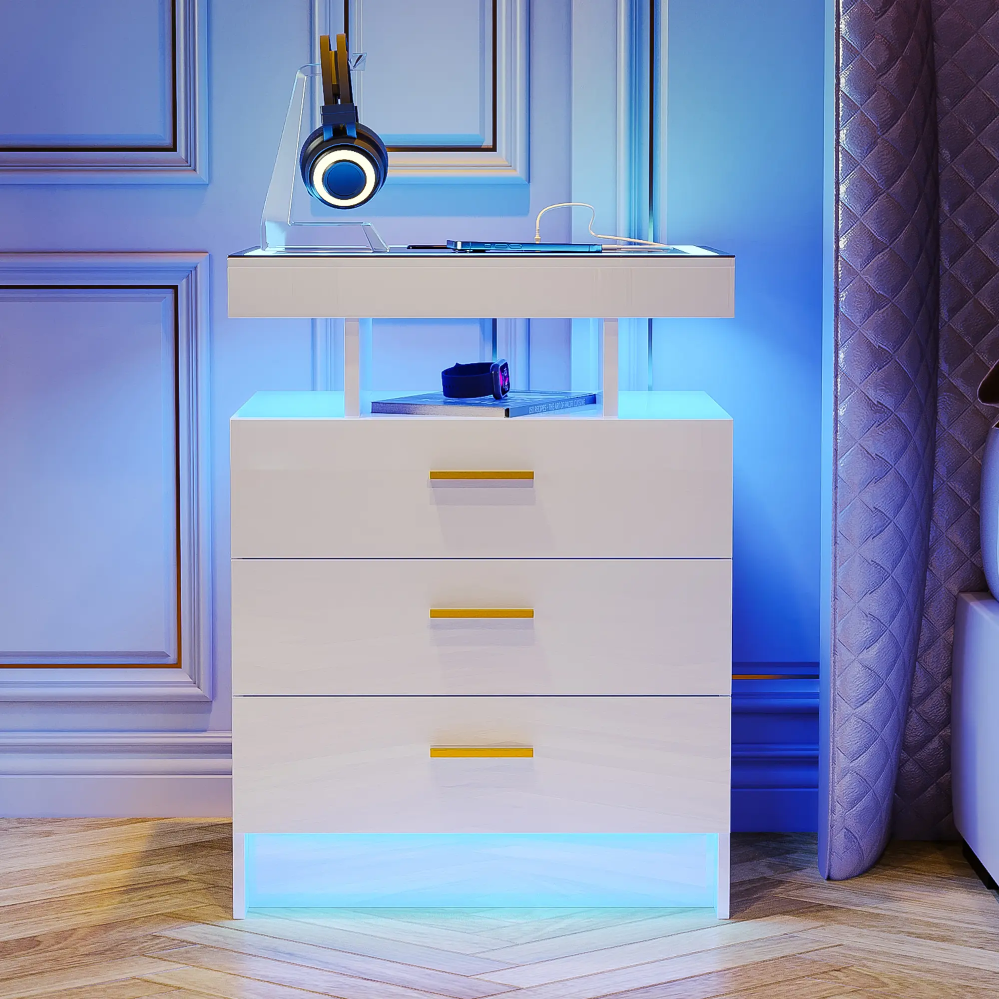 Vlsrka LED Nightstand with Wireless Charging Station, Auto Sensor 3 Color Dimmable Night Stand, Modern Bedside Table with 3 Drawers & 3 Open Compartments for Bedroom