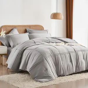 Queen Comforter Set 7 Piece Bed in a Bag,Grid Pleat Grey Bedding Set,Striped Textured Soft Microfiber Comforter with Sheet Set,All Season Complete Bed Set(Grey,Queen)