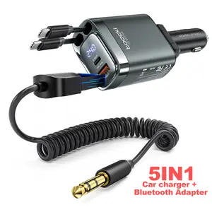 Toocki Led Display Retractable Car Charger USB C【with Dual Type C Cables】105W Max and Aux to Bluetooth 5.4 Adapter 3.5mm Bluetooth Receiver(2pack for Car Adapter)