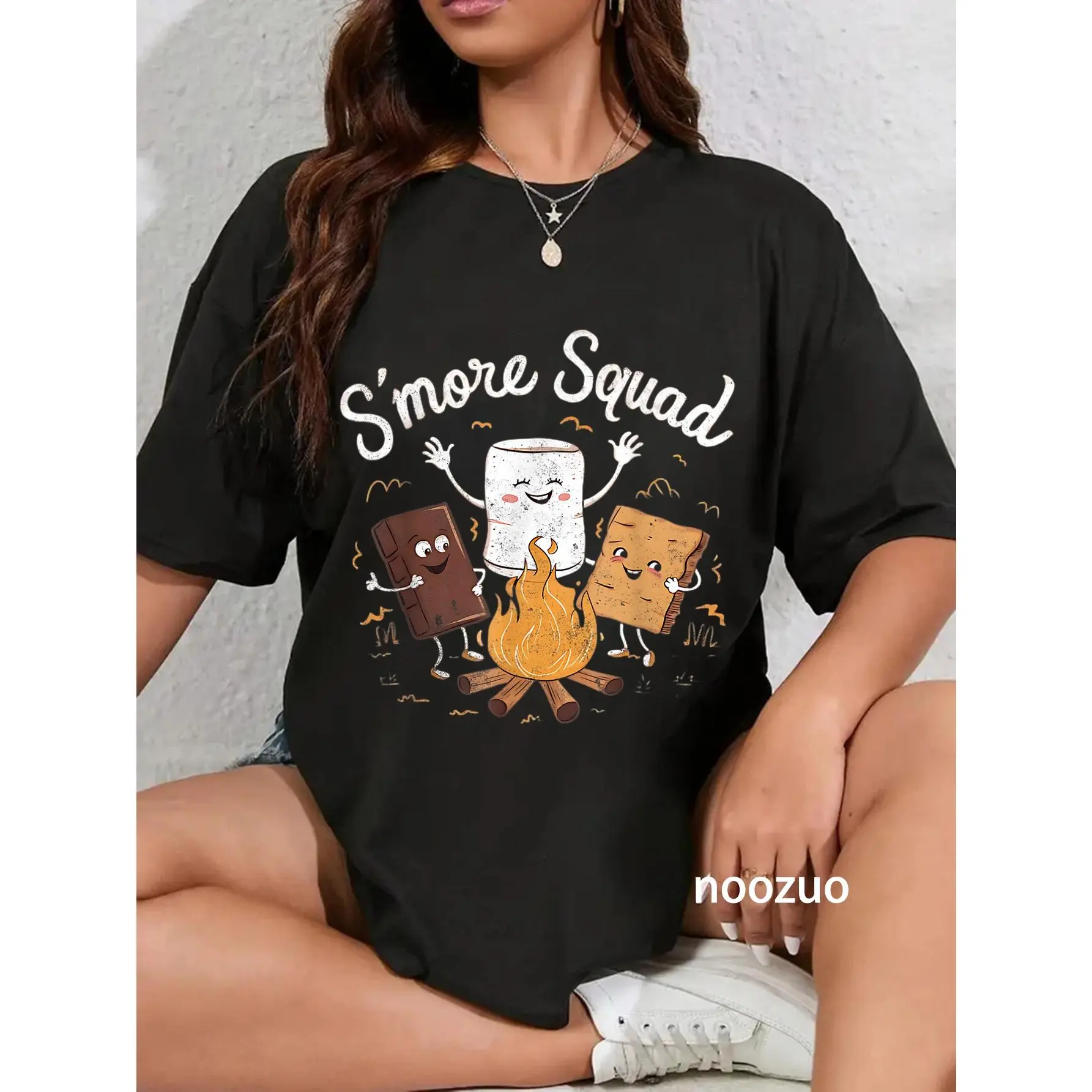 Women's 100% Cotton Casual Everyday Graphic Round Neck Streetwear T-Shirt - Smore Squad Camping Campfire Chocolate Marshmallow Design, Top, Tshirt, Vintage, Campfire Theme, Playful, Short Sleeves, Cute