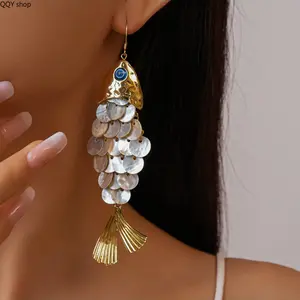 Creative Fish Shell Fringed Ear Hooks, Boho Statement Dangle Earrings, Retro Ocean Style Shell Drop Earrings, Unique Beach Inspired Jewelry, Trendy Vacation Daily Ear Accessories for Women