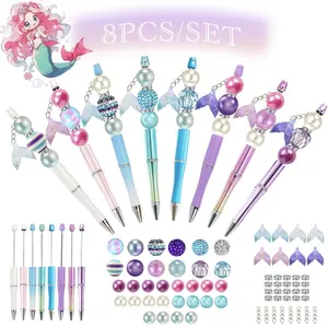 Mermaid Themed Beaded Pen Set, 8/16 Counts/set DIY Beaded Pen with Fish Tail Pendant & Accessories, Creative Office Stationery Set, Aesthetic Pens