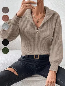 Women's Plain Half Zip Drop Shoulder Sweater, Casual Long Sleeve Collared Jumper for Spring & Fall, Fashion Women's Knitwear for Daily Wear, Lady