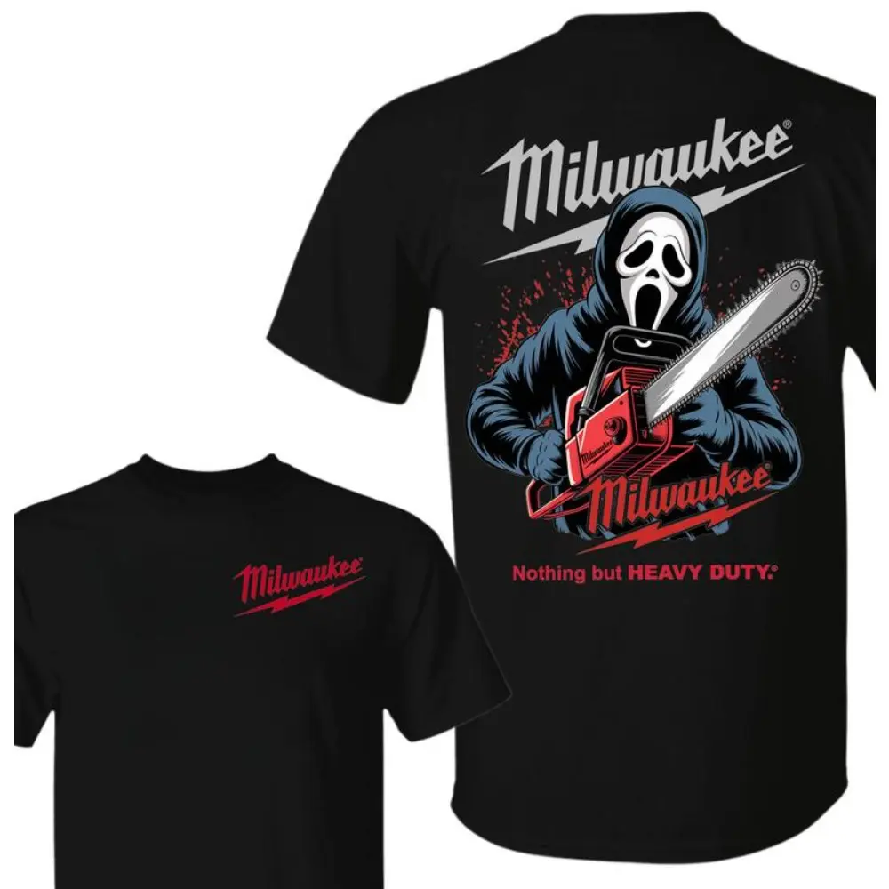 100% cotton Milwaukee Tools Ghost Face With Chainsaw 2 Sided Unisex Tee  – Halloween Character Graphic Cotton Unisex Shirt