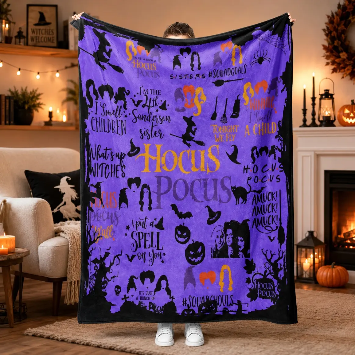 Halloween Witch Spell Flannel Blanket, Soft Lightweight Warm Cozy Plush Throw Blanket for Adults and Kids, Bed, Sofa, Office, Camping, Travel, Slogan Print Decor and Halloween Gift