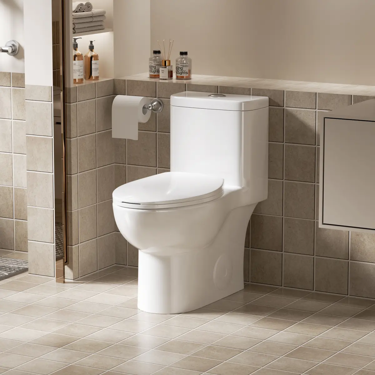 Semi‑Elongated White One‑Piece Ceramic Toilet, 17" ADA Comfort Height 1.1/1.6 GPF Rimless Siphon Dual Flush Toilet with Soft‑Close Seat, 12" Rough‑In for Home Bathroom Use